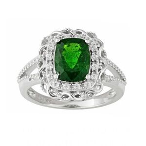 Cushion Chrome Diopside With Round White Zircon Sterling Silver Ring Size 5